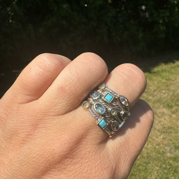 925 Sterling silver multi gemstone turquoise topaz and aquamarine  vintage ring - Picture 6 of 10